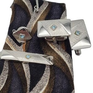 Blue Crystal Cufflinks Tie Tac Bar Sarah Coventry Brushed Silver Tone Formal Set